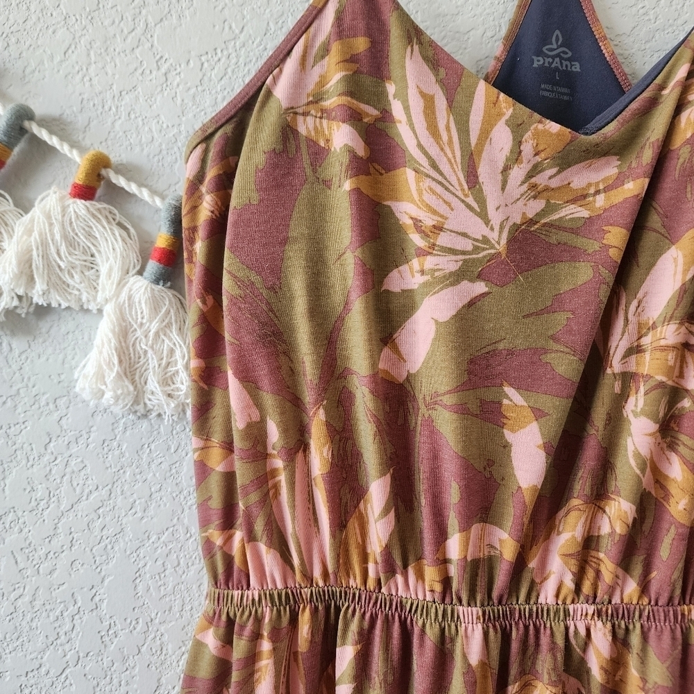 Prana Olive Brown Floral Midi Dress with Pink Accents - Picture 6 of 12